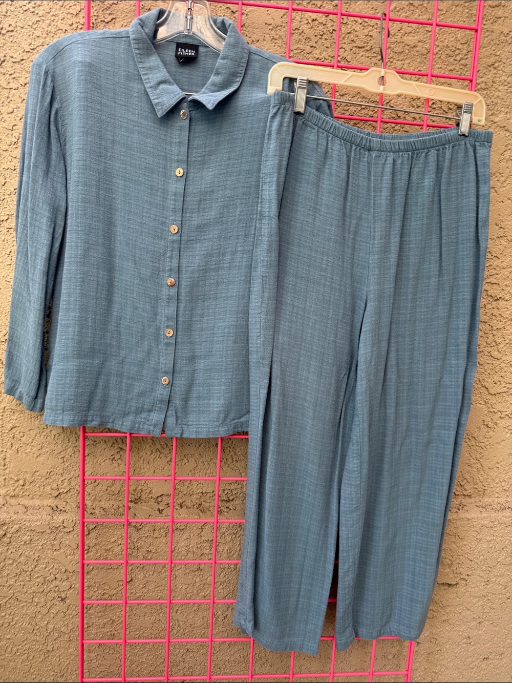 Vintage Eileen Fisher Seafoam Blue Relaxed Button-Front Top & Wide-Leg Pants Set